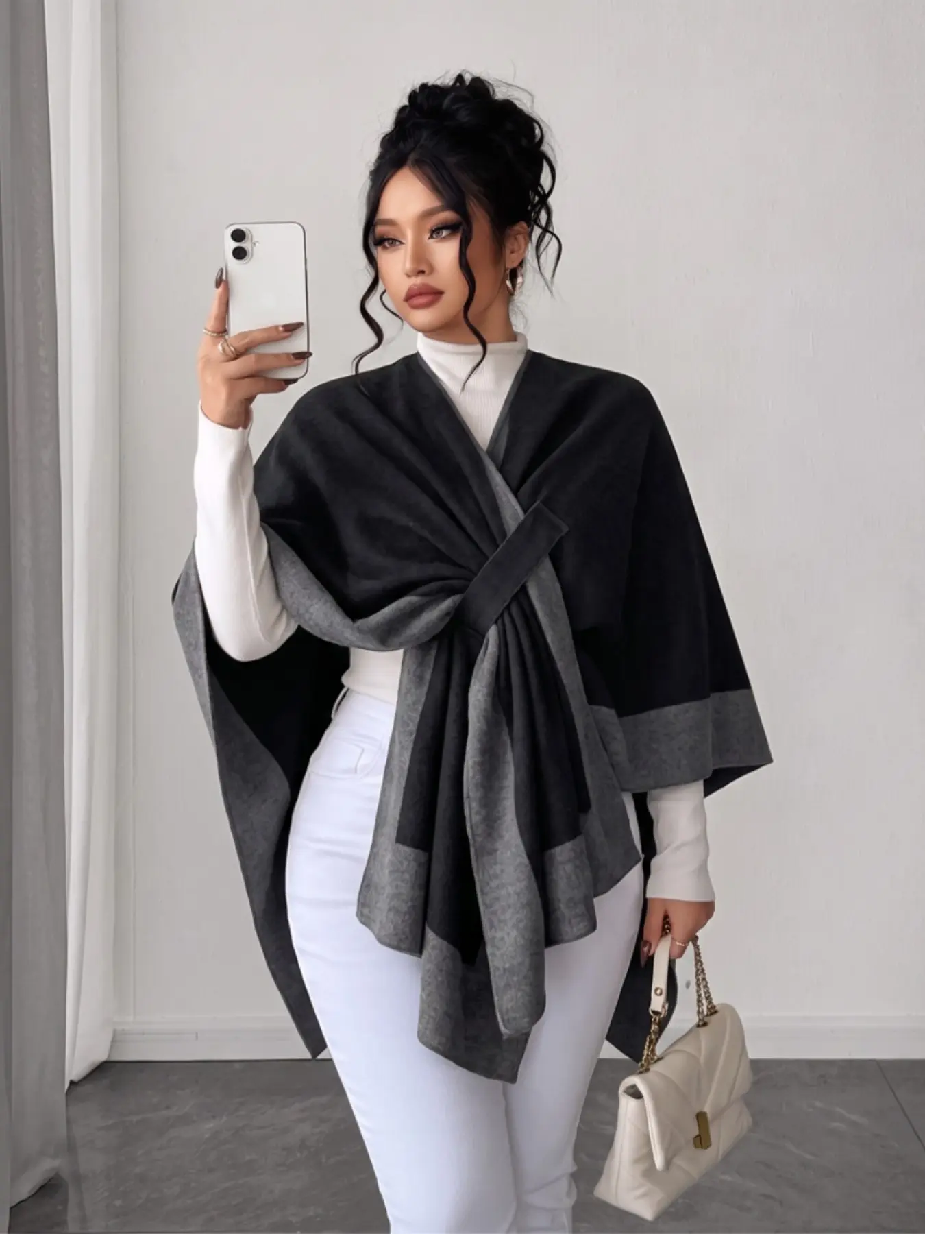 Women Reversible Cape Shawl, Wrap Poncho with Belt, Thick Warm Winter Outerwear, Modest Travel Cover Up