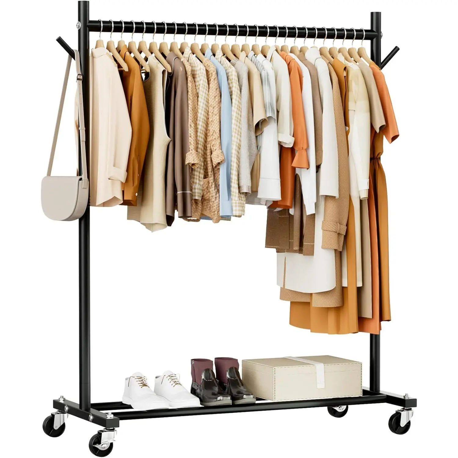 Portable Rolling Freestanding Black Clothes Rack, 280LBS Load Capacity Garment Coat Rack with Wheels, Easy Assembly for Hanging Clothes, Ideal for Bedroom Living Room