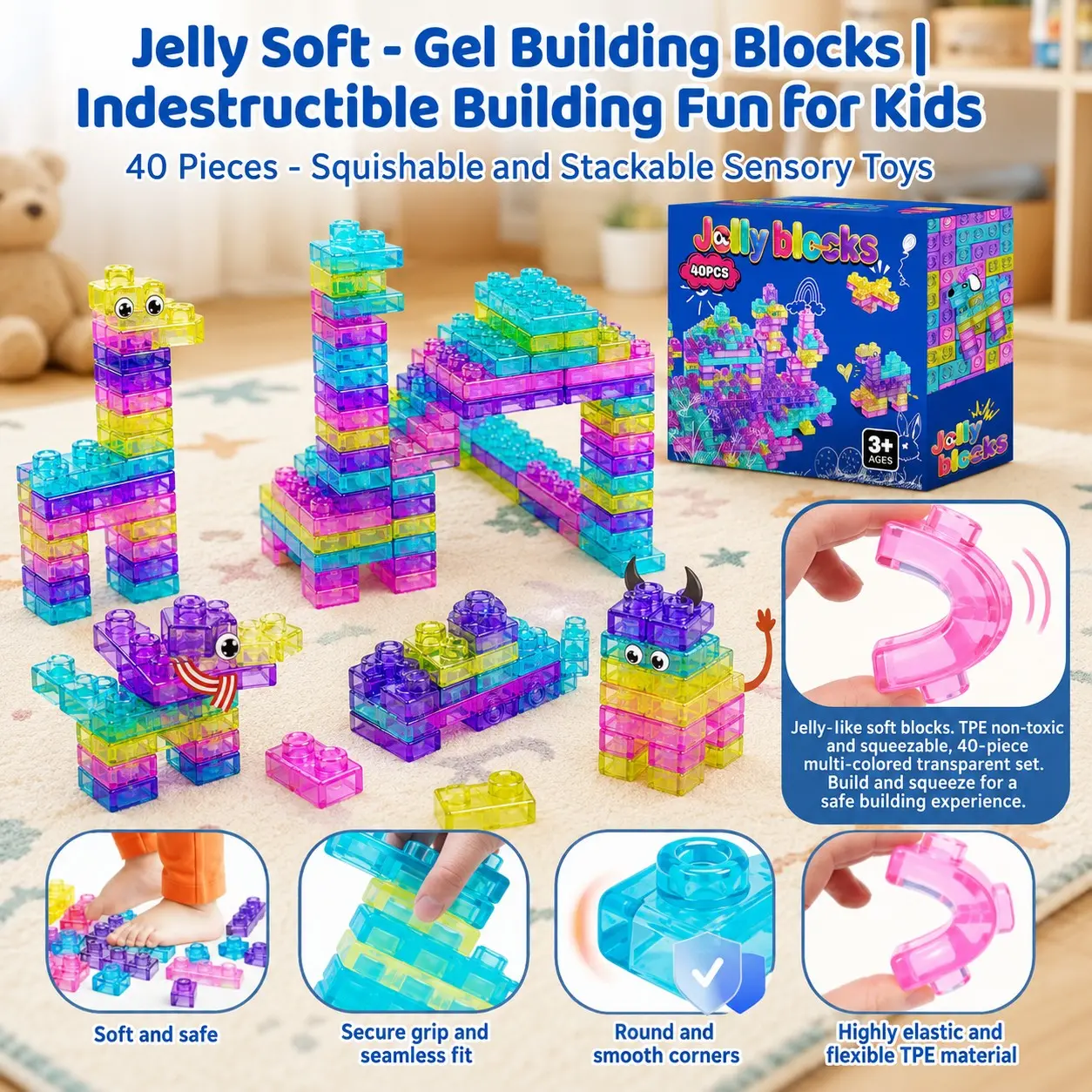 40pc Soft Gel Jell-O Blocks Set, Multicolor Stretchy Building Toys, Fun Stem Creative Play, Sensory Learning Tool for Kids, Interlocking Building Block
