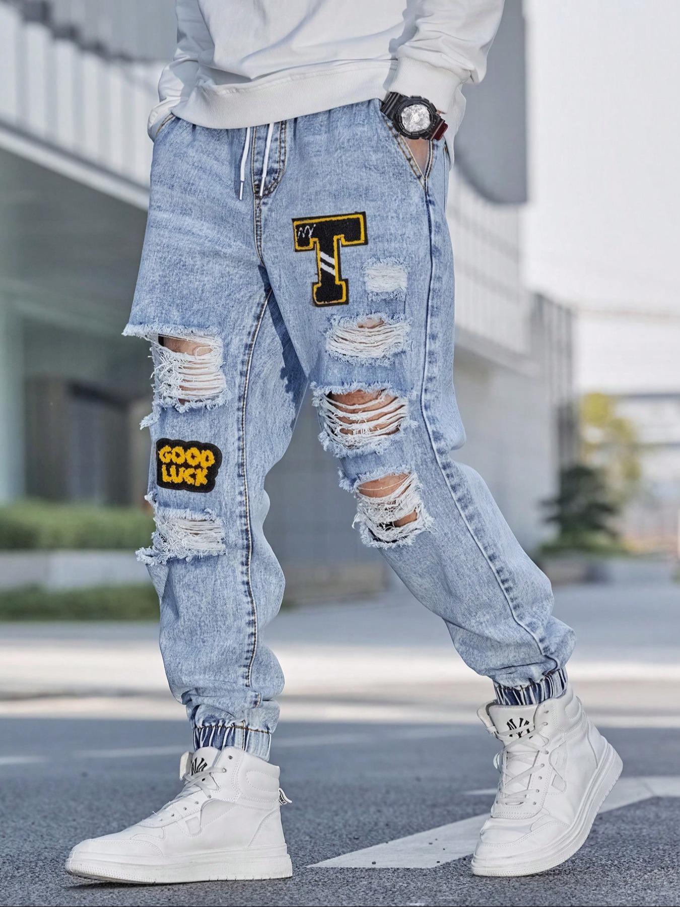 Men's Patched Ripped Distressed Knee Jeans Drawstring Waist, Loose Casual Fashion Street for Daily Wear, Men's Trousers for All Seasons