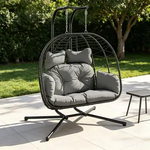 Double Egg Chair with Stand for Patio, Outdoor Indoor Hanging Swing Chair with Cushions, Wicker Rattan, 700lbs Capacity, Waterproof Sunproof for Balcony Garden Porch,,Summervibes