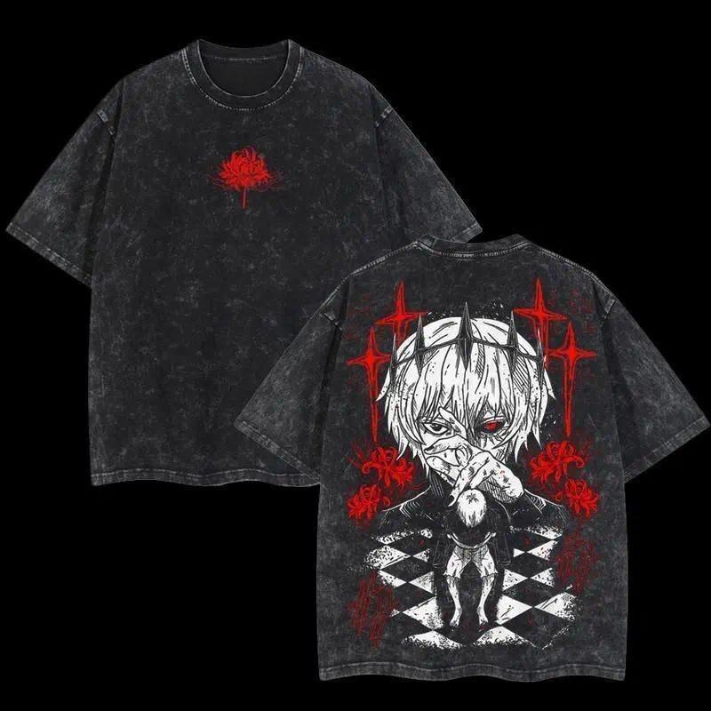 valentine shirts Tokyo Ghost Ken Kaneki Manga Printed T-shirt Vintage Washed Oversized T Shirt Pure Cotton Short Sleeve Tees Men Women Clothing