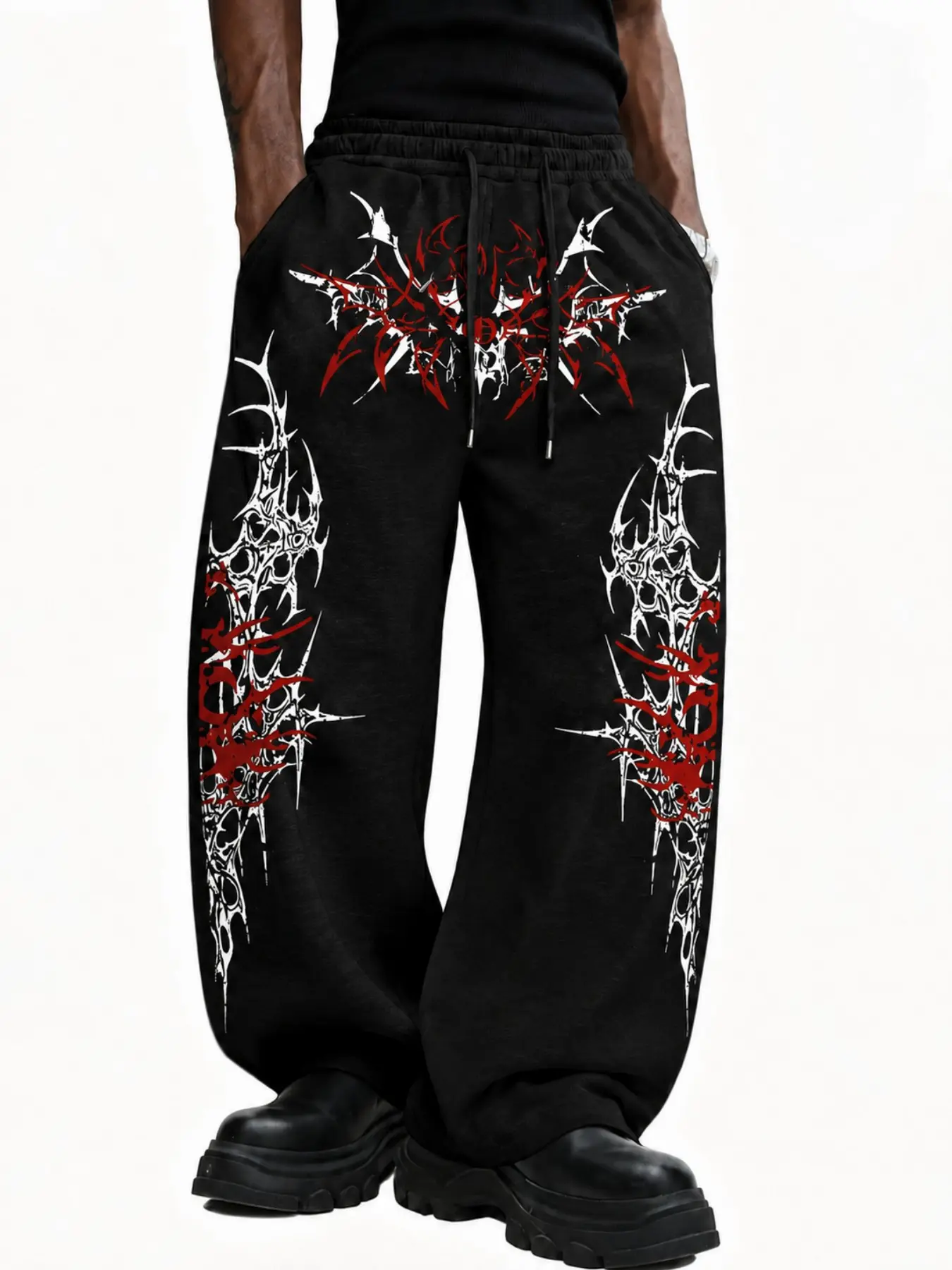 Dark Grunge Aesthetic Unisex Oversized Wide Leg Jogger Pants, Multi-Area Thorn Spider Gothic Artwork Print Elastic Waist Adjustable Drawstring Relaxed Fit Trousers, City Street Skate Daily Casual Bottoms Trending Viral On TikTok Loose Drapey Full Length P
