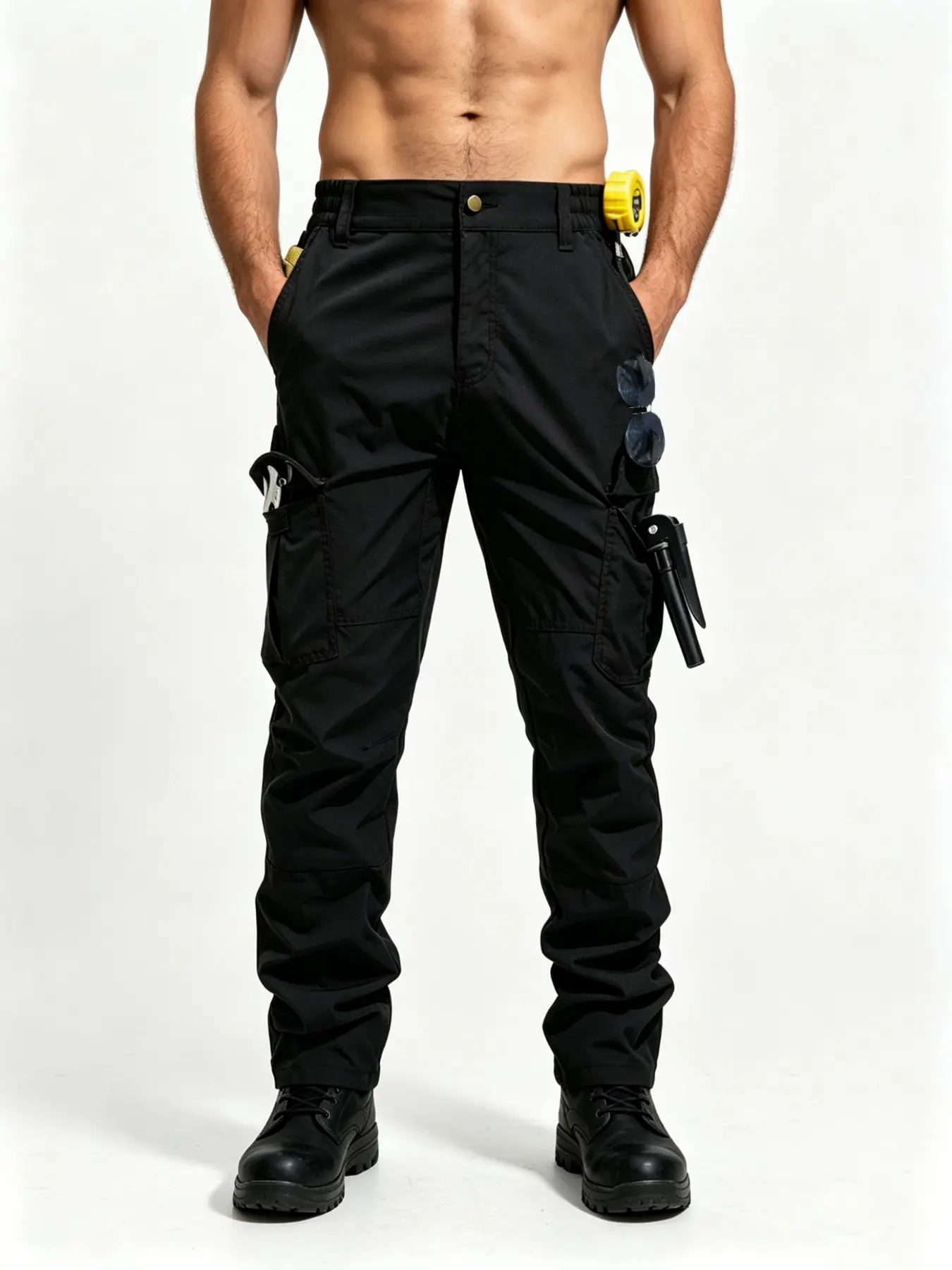 Men's Multi-Pocket Durable Carpenter Work Pants, Solid Color Multifunctional Tool Pouch, Straight Leg Workwear for Construction Outdoor Use Menswear Trouser