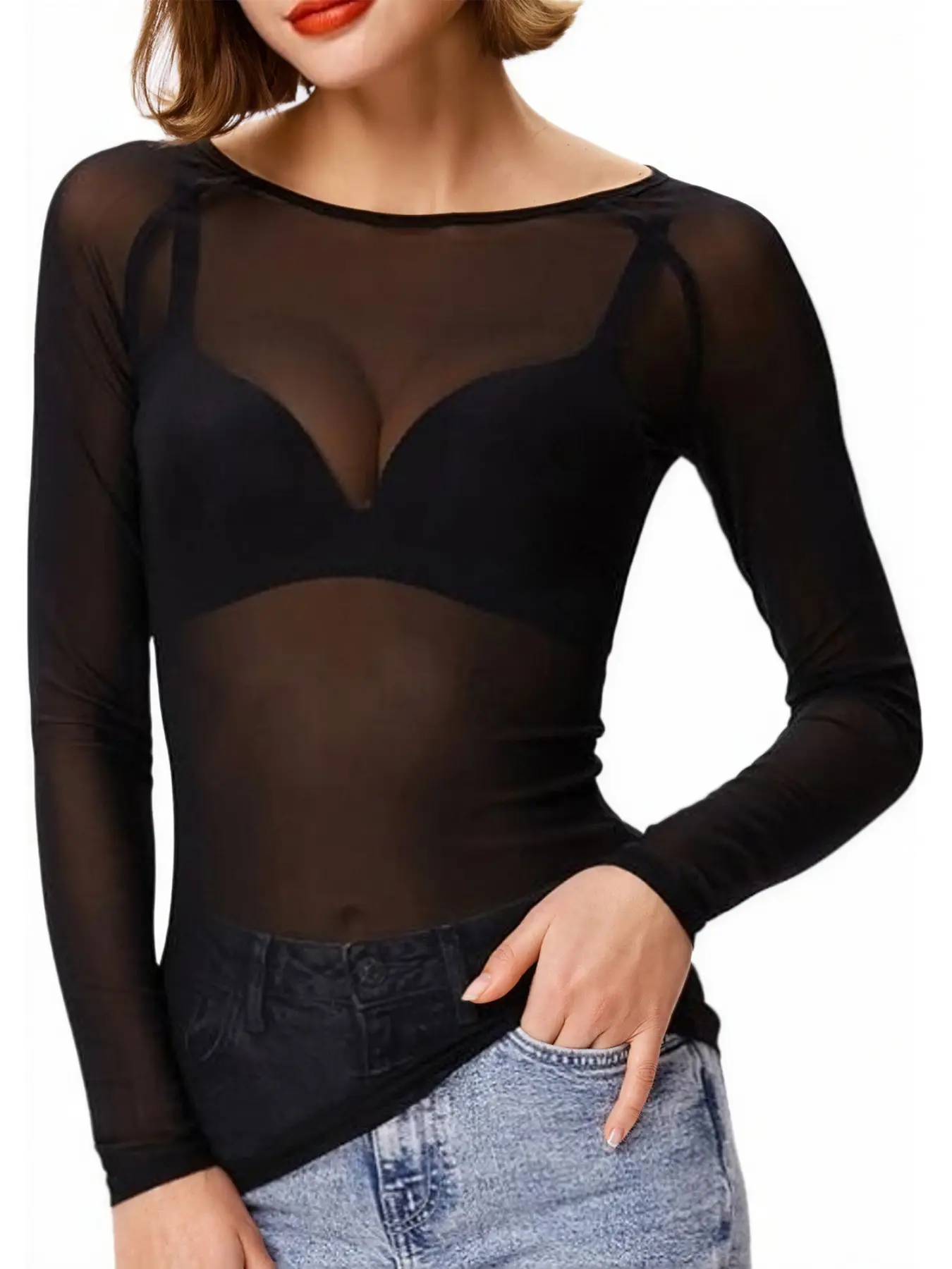 Women's Mesh Top, Long Sleeve Sheer Shirt, Sexy Basic Innerwear, Slim Fit, Soft Layering T-Shirt, Fashion Apparel