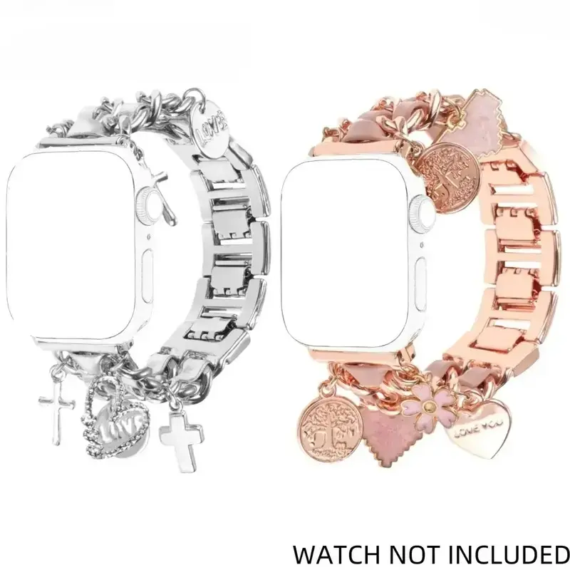 Women's Personalized Metal Alloy Pendant-Embellished Smart Watch Band, Adjustable Wearable Accessory with Scratch Resistant, Secure Sturdy Closure Stays Put, Compatible with Series 10/9/8/7/6/5/4/3/2/SE/Ultra (38-49mm) Smartwatch Accessories, Durable