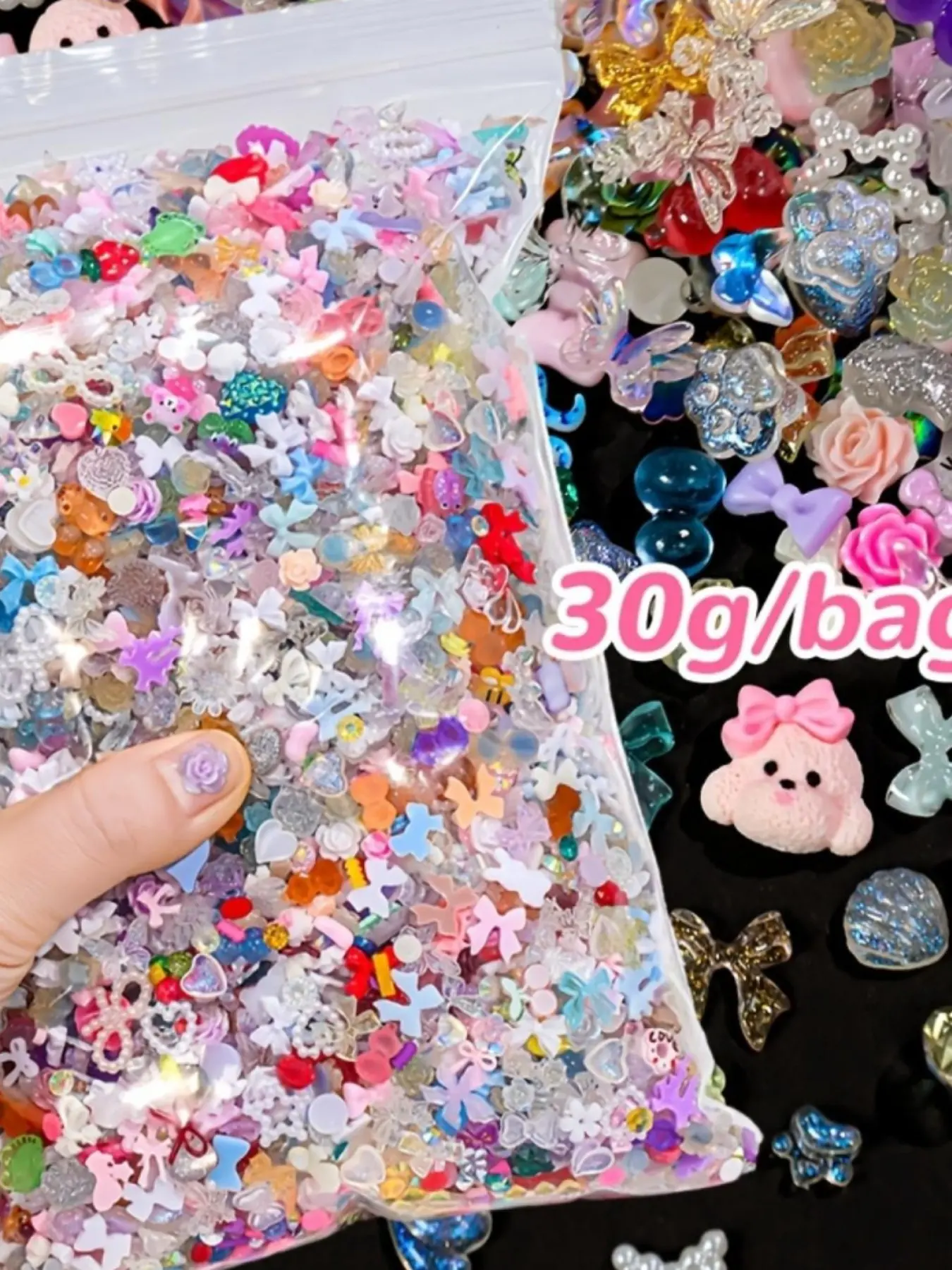 30g/Bag 300-500Pcs Mixed Resin Nail Charms, Bow Flower Heart Bear Sequins, 3D Decorations for Nail Art Products, Phone Case, Hair Clips & Jewelry Making, DIY Craft Set for Women