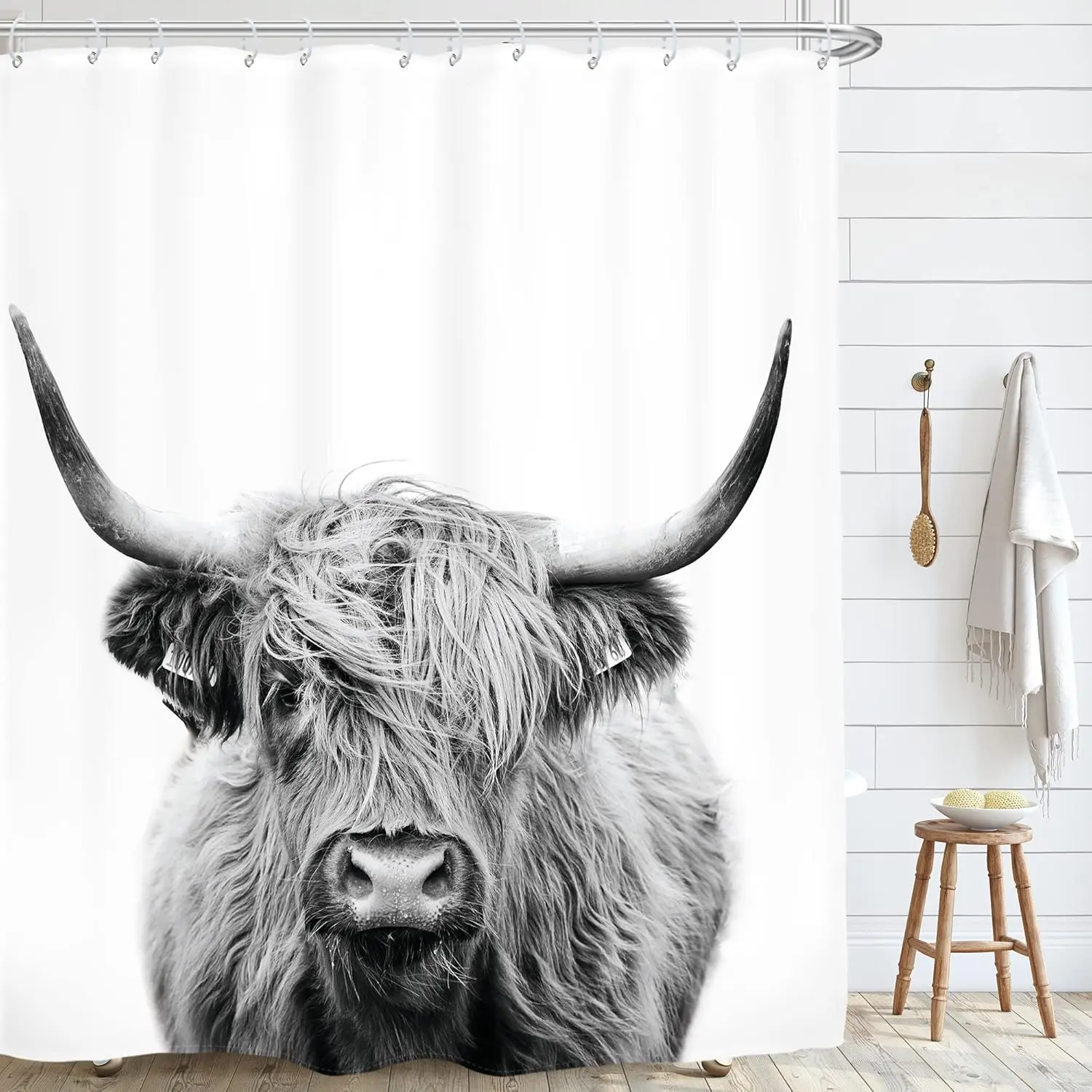 Washable Nature Highland Cow Shower Curtain Set with 12 Hooks, 60Wx72L Rustic Bull Portrait Bath Decor, Grey White Fabric for Western Farmhouse Country Restrooms, Shower Curtains