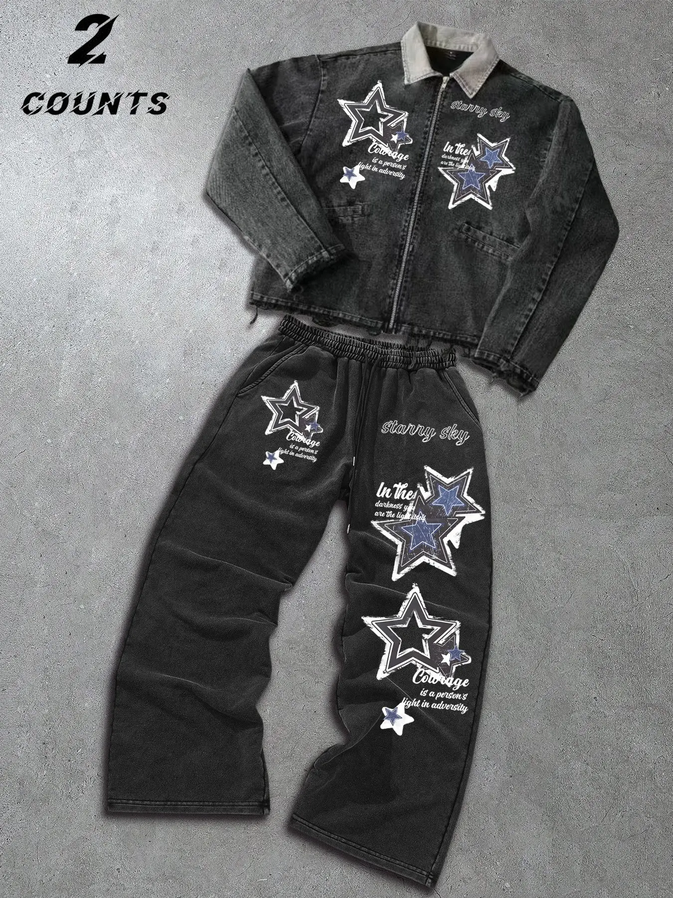 Unisex Acid Wash Star Graphic Denim Tracksuit Set Casual Lapel Zipper Jacket & Wide Leg Trousers Two-Piece Co-ord Set Streetwear Festival Airport Outfits