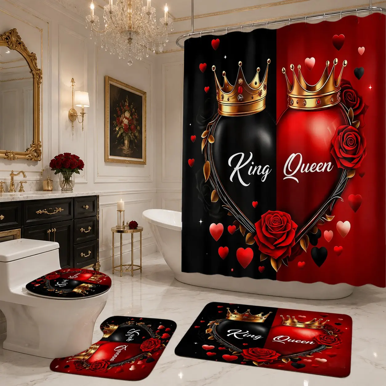 4pcs Split Heart Shower Curtain Set, Romantic Couple Love Heart Print,The floor mat fabric is thicker and softer! Valentine’s Day Bathroom Decor Kit, Modern Style