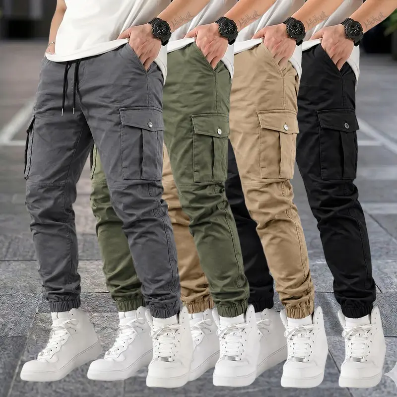 Men's Drawstring Cargo Pants - Menswear Bottoms Clothes, Breathable Casual Sport Trousers, Straight Tapered Harem Style, Elastic Waist, Large Flap Side Pockets, All-Season Everyday Street Wear, Holiday Gift for Outdoor Enthusiasts