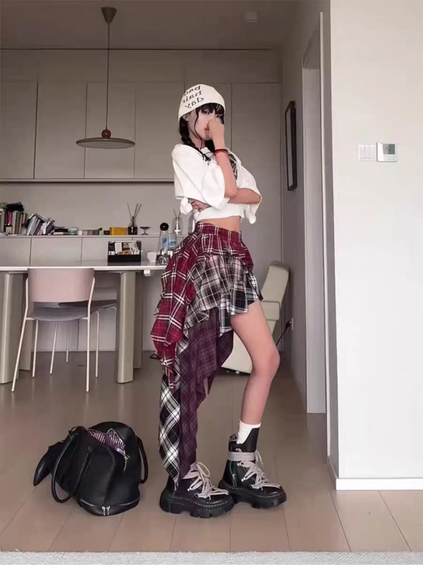 Women's Asymmetrical Plaid Midi Skirt, Multi-Layer Design, High Waisted Skirt, Tiered Plaid Skirt, Casual Fashionable Skirt, High Waist, Dark Punk Style, Daily Wear, Y2K Street Fashion, Harajuku, Music Festival, Plaid Print Skirt