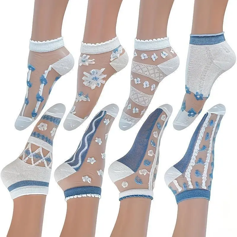 Women's 10 Pairs Random Styles Elegant Blue And White Boat Socks, Thin Breathable Hollow Mesh Glass Silk Short Socks With Floral Lace Trim, All-Match Casual Hosiery For Daily Wear, Sports & Outdoor Protective Gear Accessory, Socks For Women july