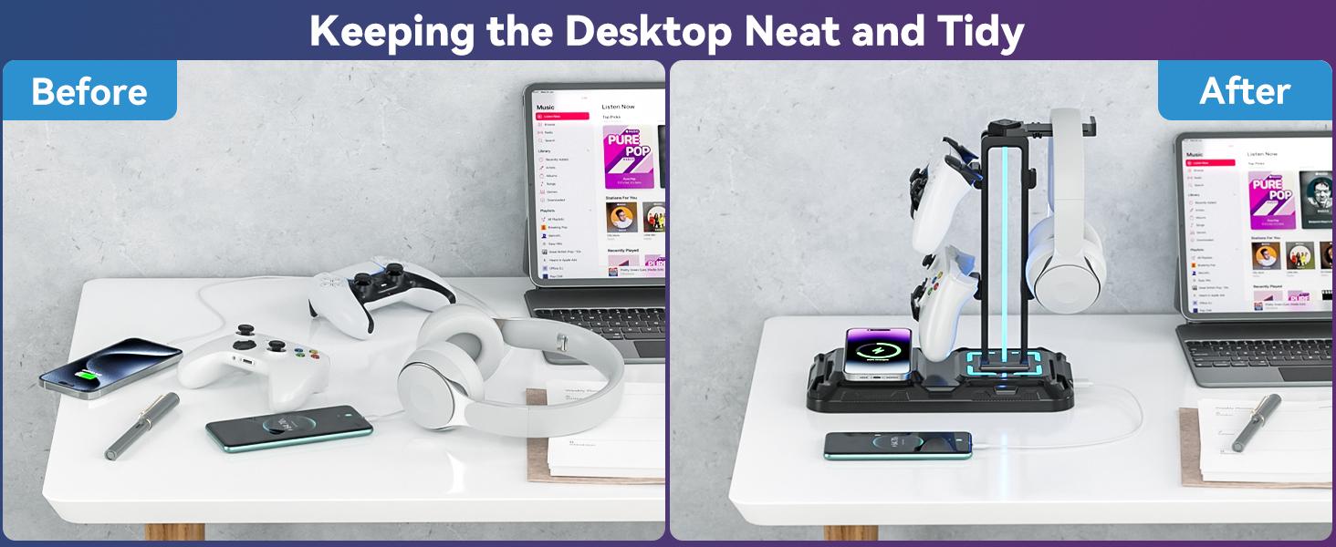 STANDARD GOODS GJ     P-CPS019    Headphone & Controller Stand with Wireless Charging - Rotatable Headset Stand with 9 Light Modes - Controller Holder with 2 USB and Type C Ports - for Gamers Desktop Accessories