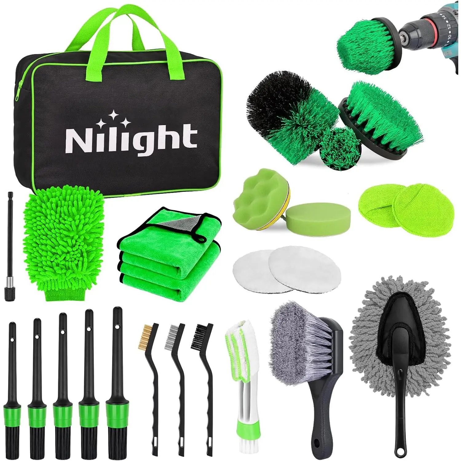 Nilight 27PCS Car Detailing Kit with Storage Carry Bag - Car Accessories for Interior/Exterior Deep Clean, Polish, Surface Cleaner, Waxes - Home Use, Father's Day Gift for Windshield, Dashboard, Seats, Air Vents, Wheels, Tires (Green), Car Detailing Suppl