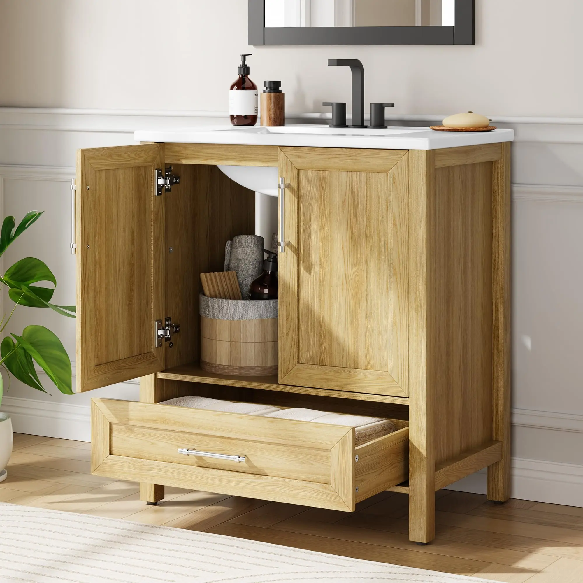 24/30/36" Bathroom Vanity with Ceramic Sink – Freestanding Cabinet, Drawer & Soft-Close Doors – Space-Saving Storage, Easy Assembly – Natural Wood Finish