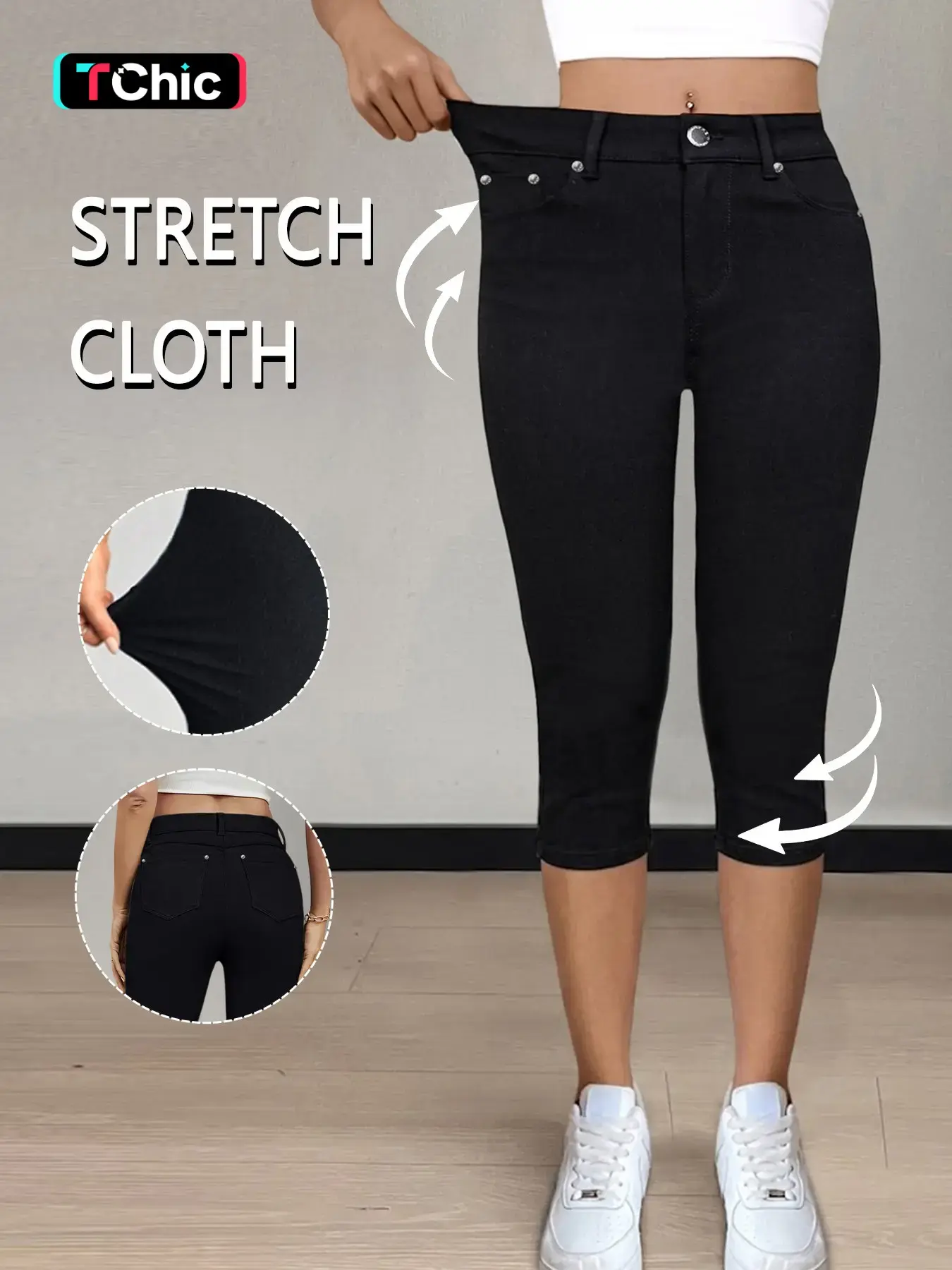 GILIPUR Women's Black Medium Stretch Knitted Skinny Capri Pants, Mid Waist Button Closure Slim Fit Cropped Knee Length Trousers with Pockets, Casual Summer Daily Outdoor Commute Wear for Women TChic, Casual Summer Bottoms