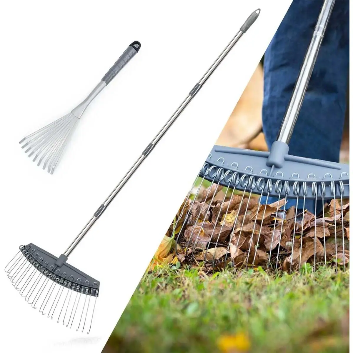 Thatch Rake Adjustable 17"-63", Efficient Metal Leaf Rakes, Wide with 24 Durable Steel Tines, Lightweight Garden Thatching Rakes  for Mulch ,Leaves, Debris, Pine , Shrub, Gravel