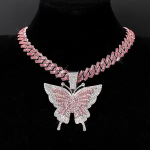 Hip Hop Style Butterfly Pendant Necklace Classic Fashion Alloy Full Rhinestone Unisex Cuban Link Chain Colorful Beautiful Elegant for Daily Valentine Birthday Christmas Party Holiday Versatile Accessory