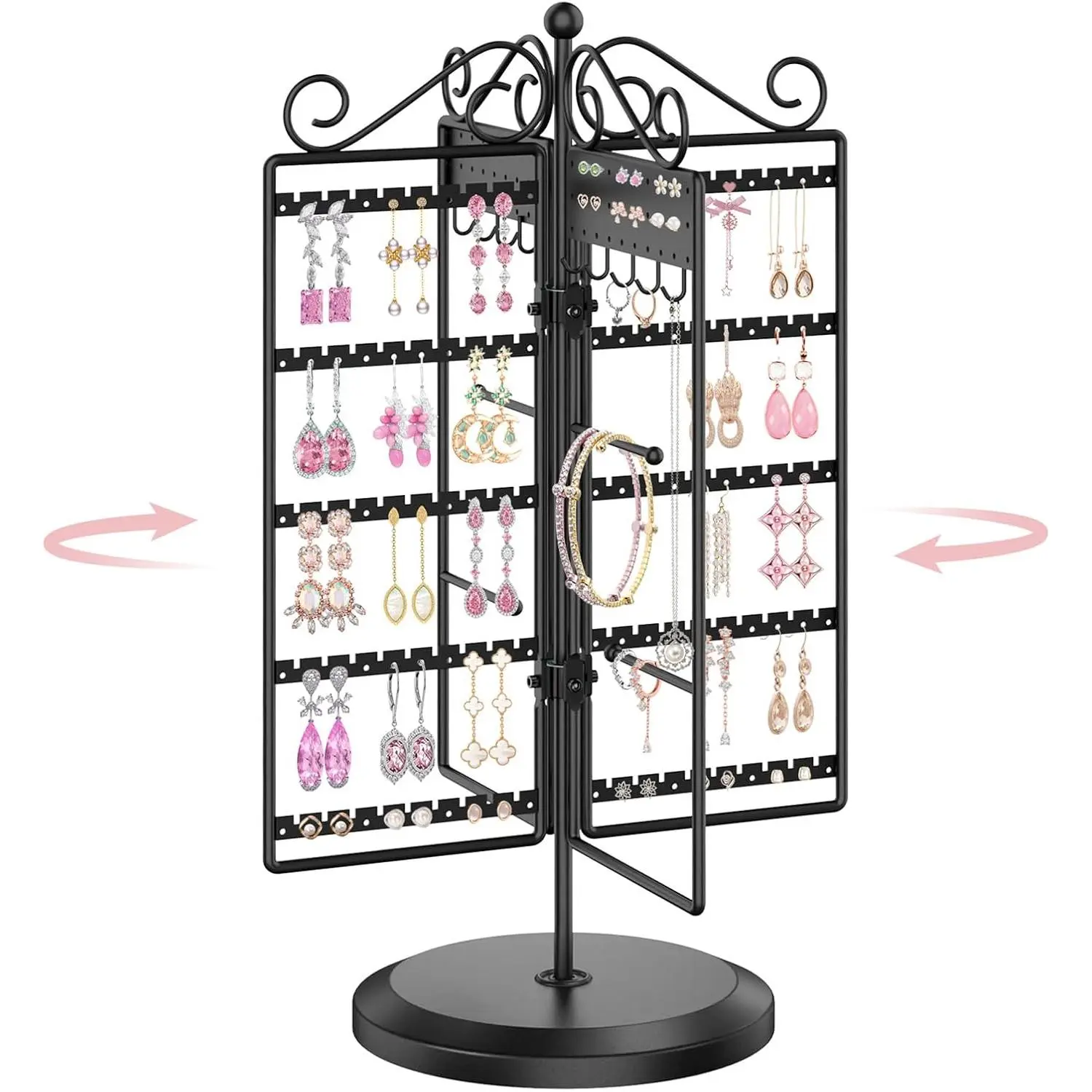 Rotating  Holder Organizer Stand Earring Display Metal Rack | 250 Holes and Grooves Stud Dangle Tree, 10 Hooks Necklace Bracelet Ring Storage, Compact Multi-Use Tower for Women, Black
