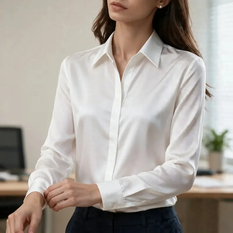 Women's Satin Button Down Blouse, 2026 Fall Long Sleeve Collared Shirt, Elegant Business Casual Office Work Top, Silky Solid Color Commuter Blouse for Women