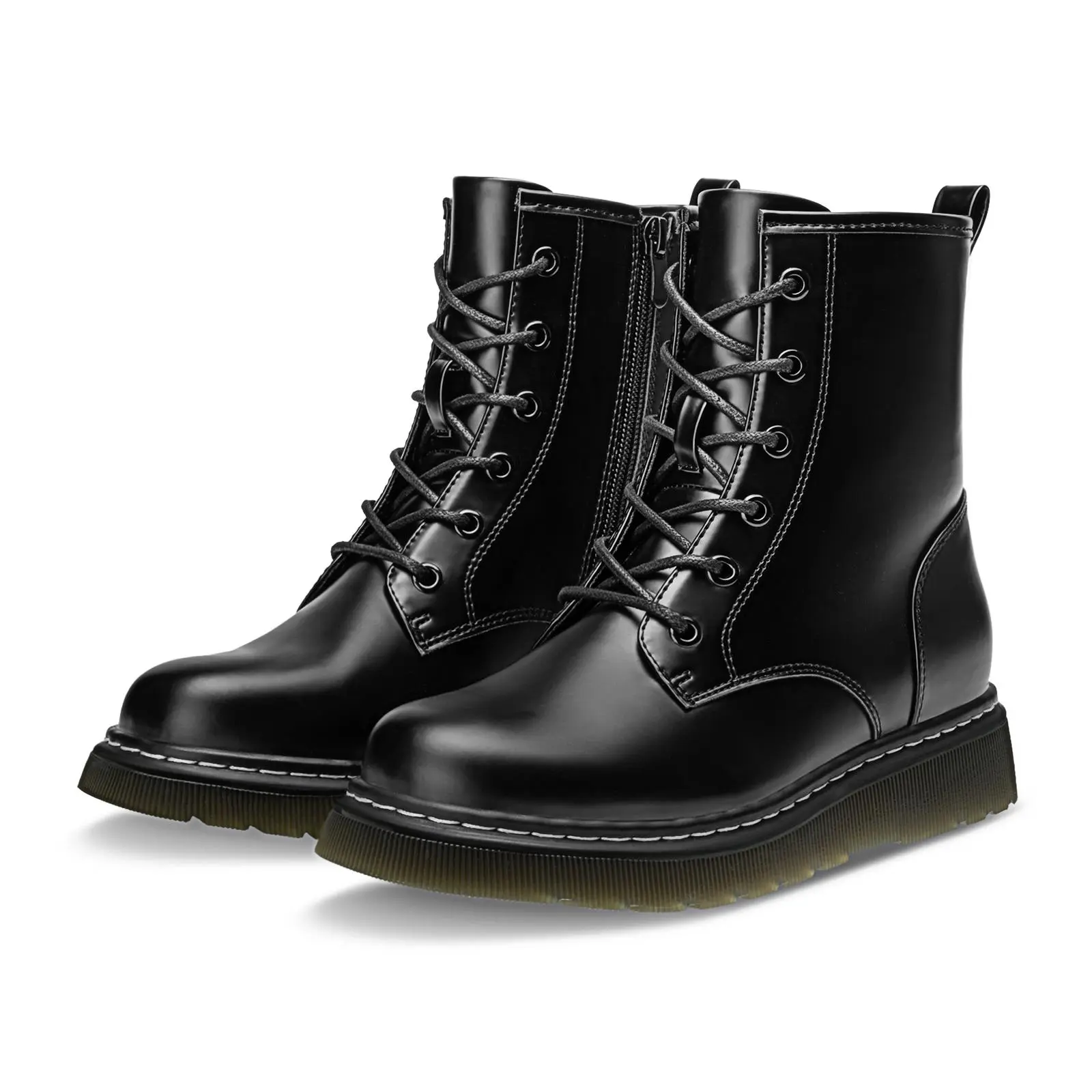 Athlefit Women's Combat Ankle Boots, Fashion Low Platform Lug Sole Walking Shoes with Lace-Up & Side Zipper, Classic
