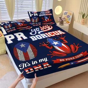 3 Piece Puerto Rico Boricua Coqui Frog Flag Background Fitted Sheet Set, 1 Fitted Sheet + 2 Pillowcases, Soft Microfiber Deep Pocket Design, Puerto Rican Culture Bedroom Decoration, Gift for Boricua Enthusiast, Comfy Bed Sets