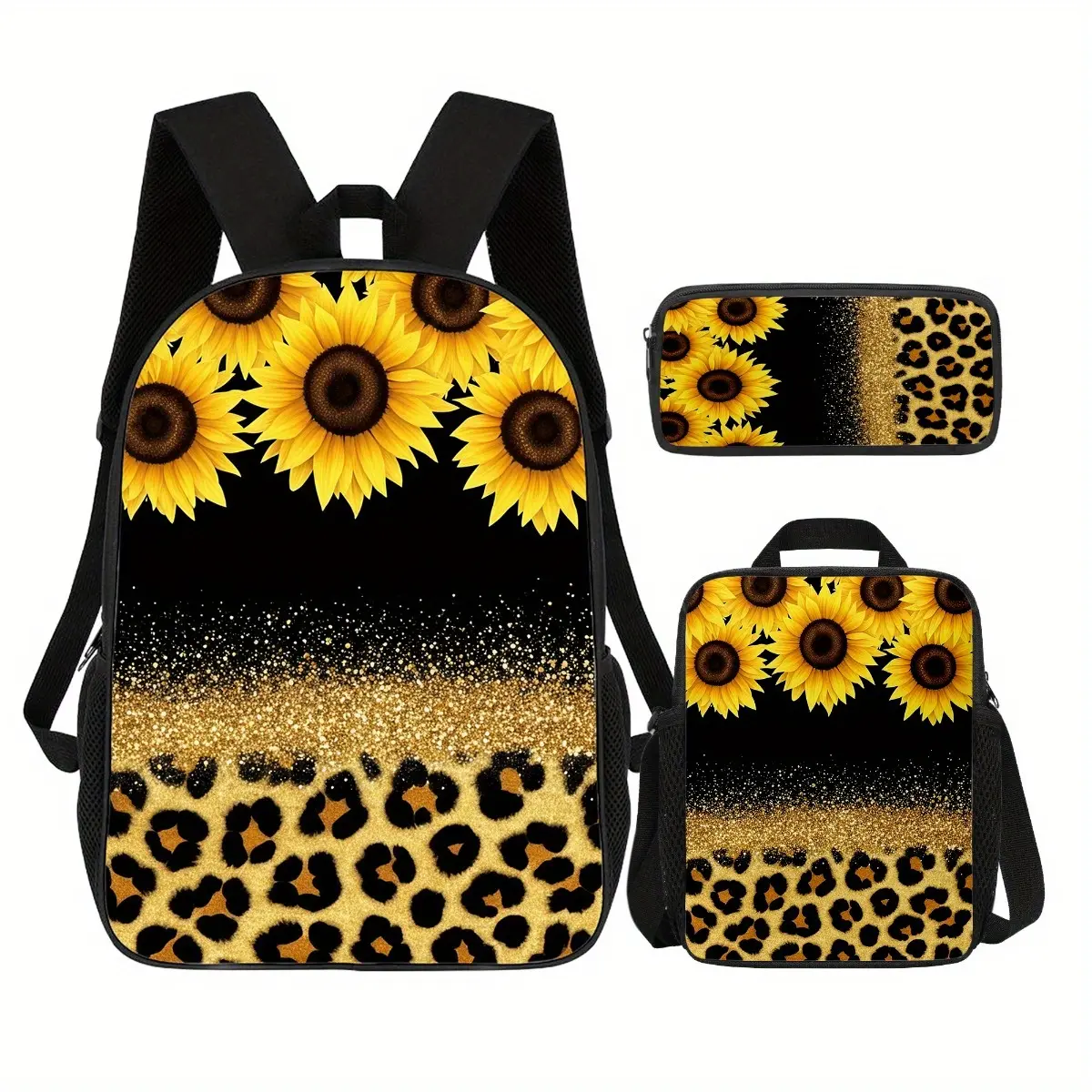 Set of 3 Backpacks Featuring a Sunflower Pattern, Including a 17.1-Inch Portable Casual Backpack, an Insulated Lunch Bag, And a Versatile Pencil Case, Perfect for School, Work, Commuting, Travel, Picnics, Hiking
