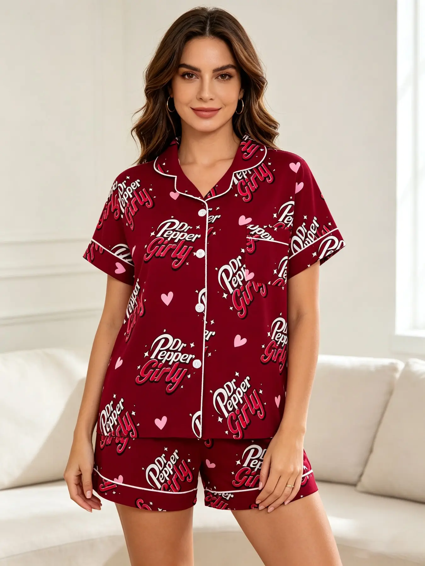 Vintage Soda Letter Heart Star Print Pajama Set, Nightwear, Fitted Short Sleeve Top & Elastic Waist Shorts, Casual Home Wear for All Seasons