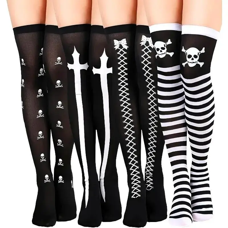 4 Pairs Halloween Thigh High Long Stockings, over Knee Stockings, Cosplay Skull Socks, Perfect for Costume Parties, Comfortable & Stylish