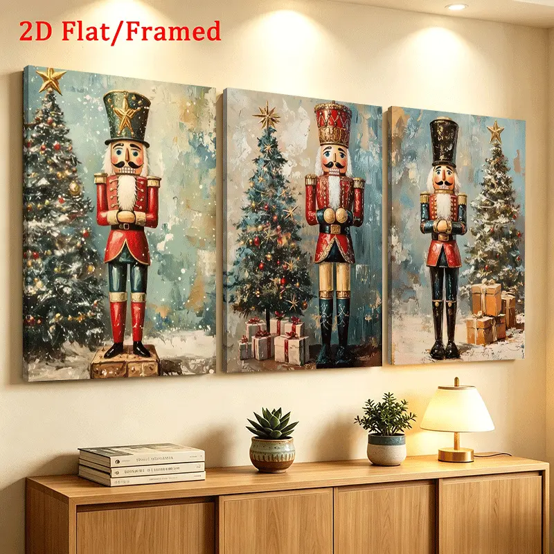 Set of 3 Wood Framed Nutcracker Wall Art Prints - 2D Flat Rustic Vintage Christmas Canvas Decor, Farmhouse Style, Ready to Hang for Living Room, Bedroom