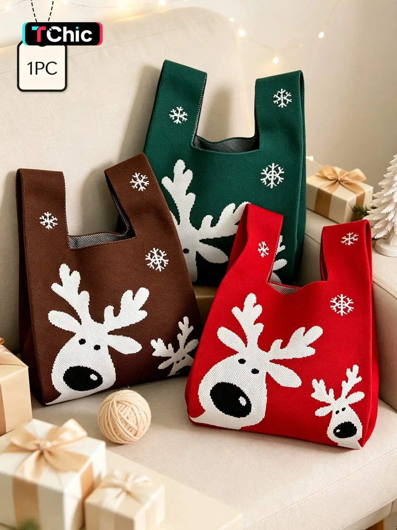 Christmas Reindeer Snowflake Knit Crossbody Bag, Mini Handbag, Christmas Gift Bag, Party Daily Use, Festive Accessory