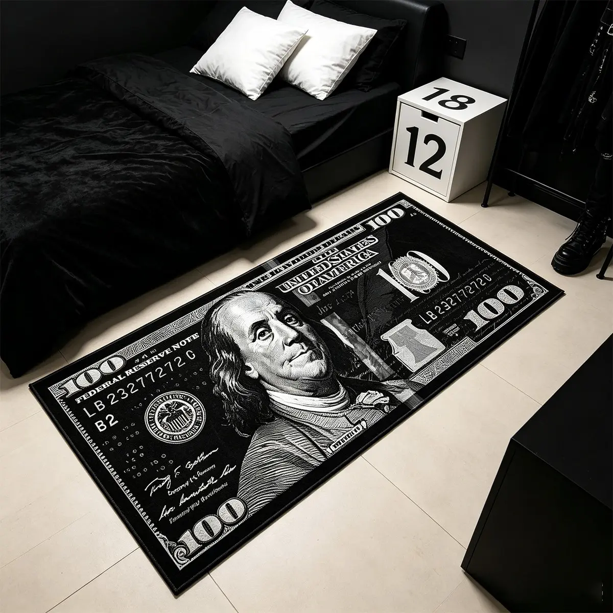 1 piece Black and white dollar dollar long rug, American hip-hop high street bedroom bedside rug, soft velvet rug, birthday gift, gothic style home decor rug, Home Decorative Rug, suitable for living room, bedroom, bedside