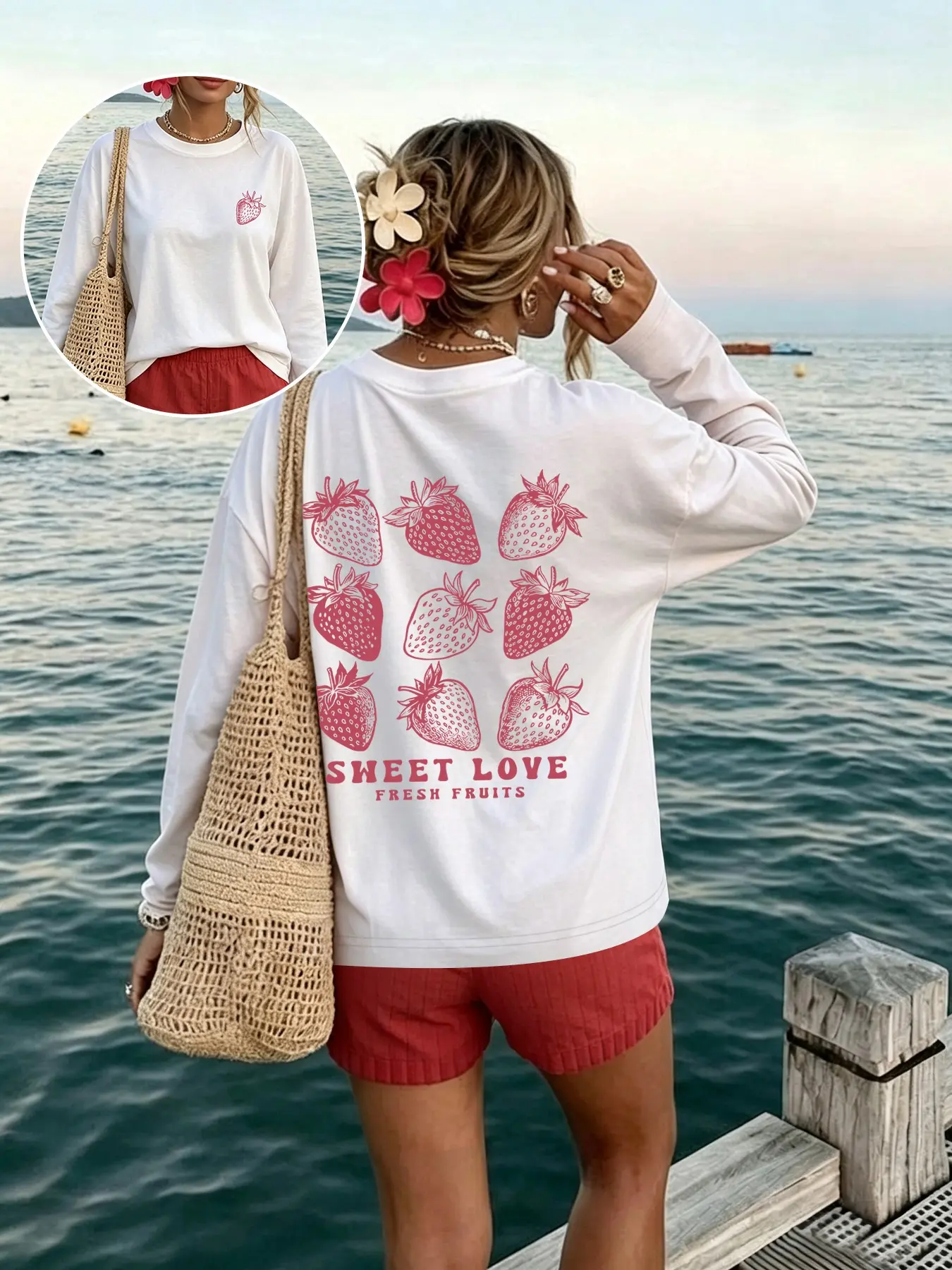 Women's Round Neck Long Sleeve T-Shirt, Cute Strawberry Graphic Design, Spring & Fall Fashion, Casual, Comfortable and Trendy, Daily Wear