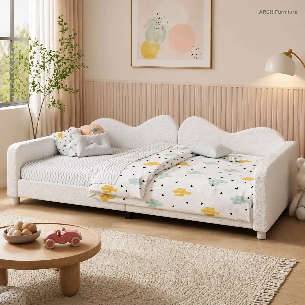 ARCH Furniture Full Size Sherpa Fabric Upholstered Daybed with Cloud-Shaped Backrest, 80"L x 56"W x 27"H, 500 lbs Capacity, No Box Spring Needed, White/Gray/Pink, Assembly Required
