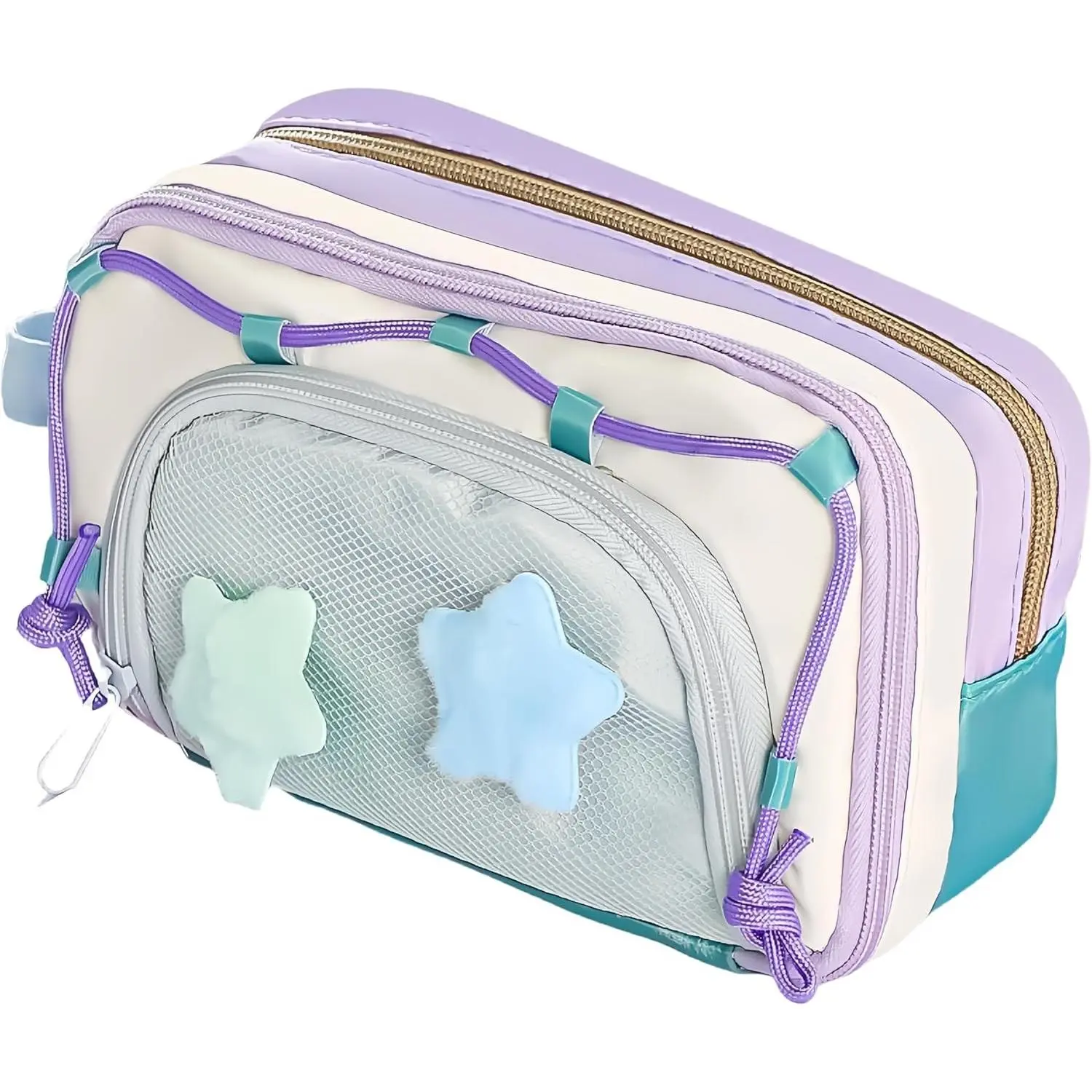 Portable Kawaii Star Pencil Case - Japanese Cute Supplies Pencil Box Purple with 2 Detachable Star Pins, Large Capacity Multi-Layer Storage, Korean Pastel Design, Cute Pencil Pouch for School OfficeGift