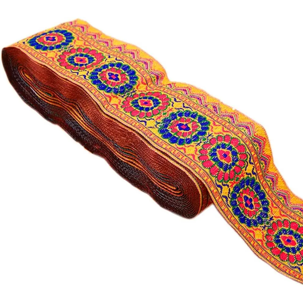 Floral Circle Jacquard Ribbon Geometric Emobridered Woven Ribbon Fabric Trim Fringe for DIY Clothing Accessories Embellishment Decorations Width 2inch by 7 Yards ()