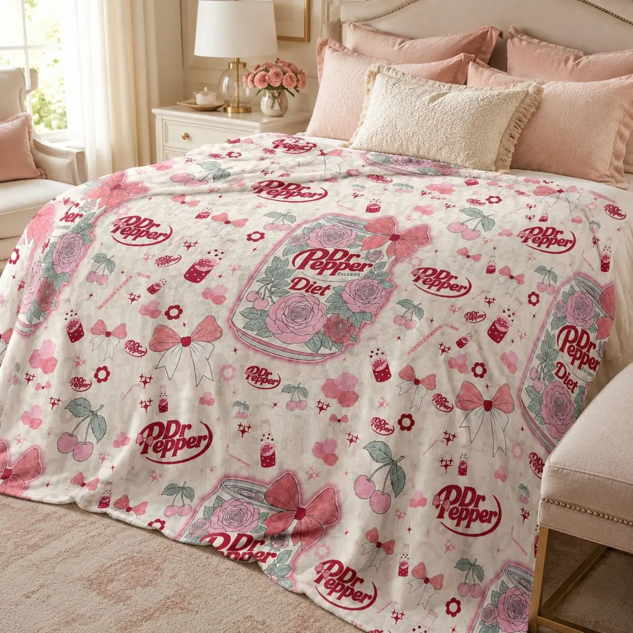 Dr Pepper Floral Print Fleece Blanket, Soft Velvet Material, Lightweight Warm Cover, Ideal for Sofa Bedroom Office Camping Travel