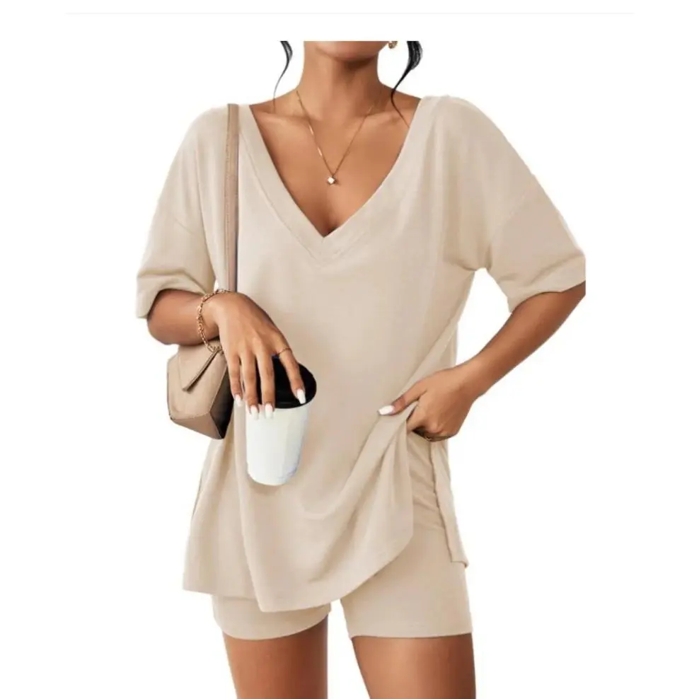 Women's 2-Piece Oversized V-Neck Shortsleeve Solid Color Loungewear Set - Pajama Nightwear, Comfort Loose Split-Sleeve Top & Shorts, Basic Summer Home Outfit, Valentine’s Day Gift for Her, Pajama Set, Lady
