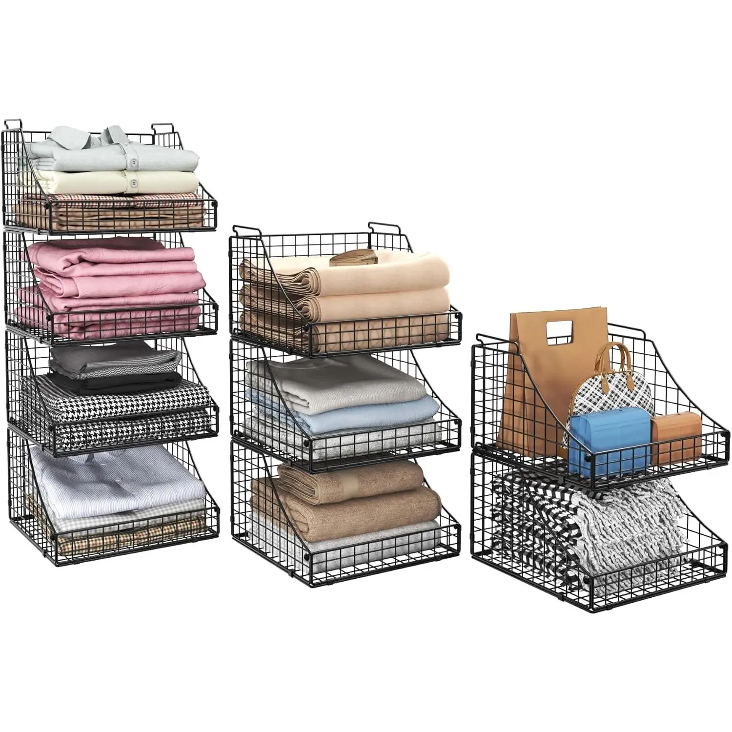 4-Pack Stackable Wire Baskets for Closet Organizers and Storage, Open Storage Bins for Clothes, Toys, and Snacks - Rustic Metal Closet Organizer and Shelves in Black