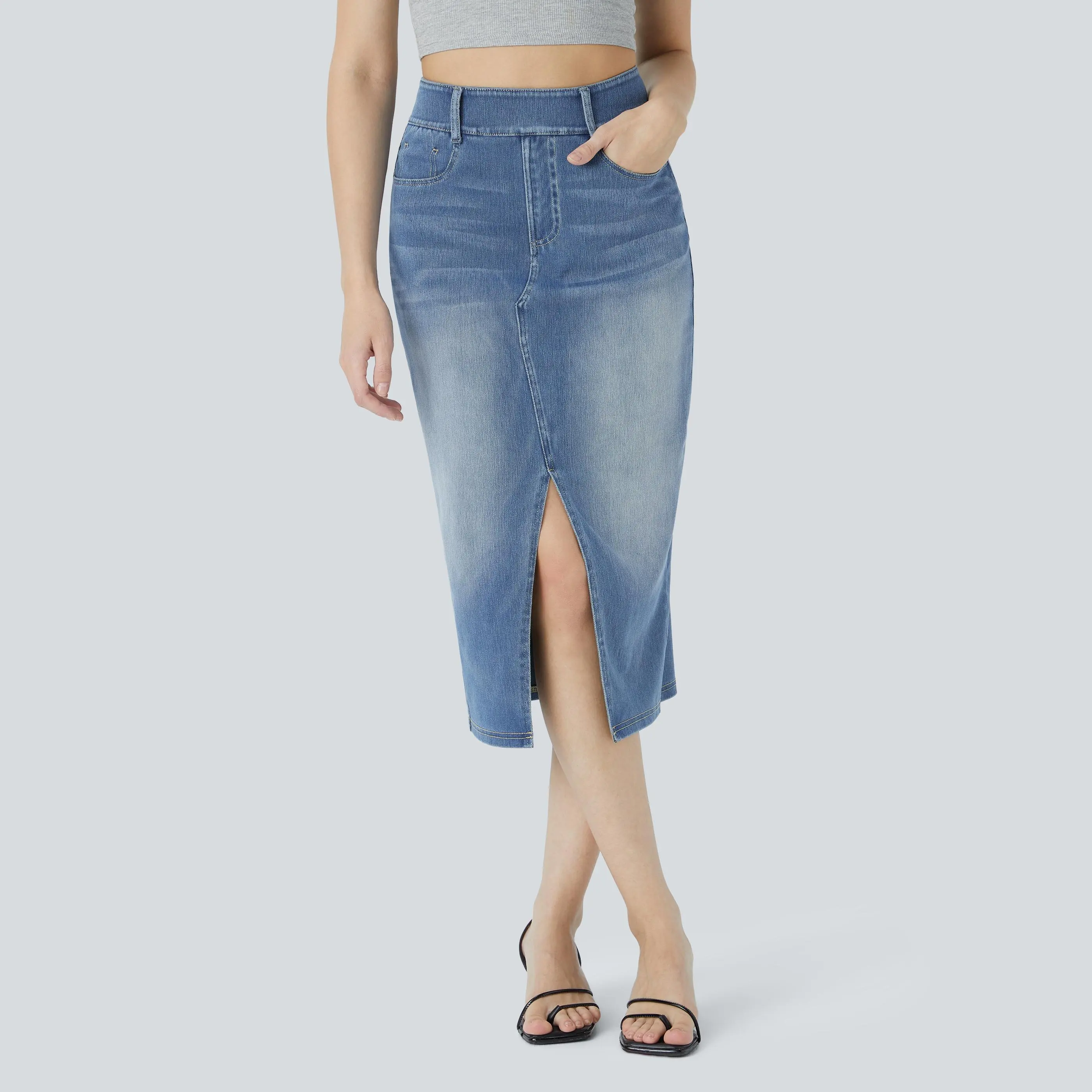 Halara Flex High Waisted Pockets Bodycon Washed Denim Casual Midi Skirt #BackToSchool