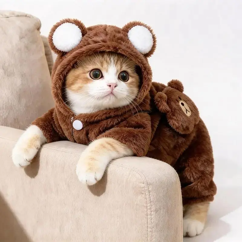Pet Bear Hooded Sweater for Small and Medium Dogs and Cats, Cute Cartoon Print Warm Pet Coat with Plush-Lined Feel, Cozy Winter Outfit for Daily Walks, Halloween Parties, Holiday Gatherings and Christmas Photos