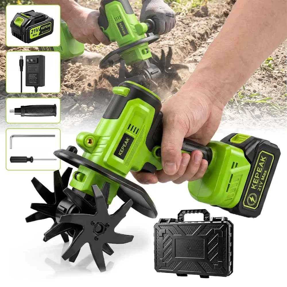 Cordless Electric Tiller for Gardening - Dual-Grip, 330 RPM Rototiller, 10-Cell 1300mAh Lithium Micro Cultivator, Steel Tines for Soil Prep, Ideal Gift for Garden Work & DIY Projects, Anti-Vibra.