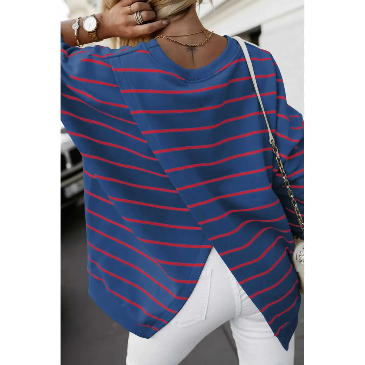 Women's Casual Ribbed Long Sleeve Blue Stripe Stylish Overlap Detail Drop Shoulder Pullover Sweatshirt Tops
