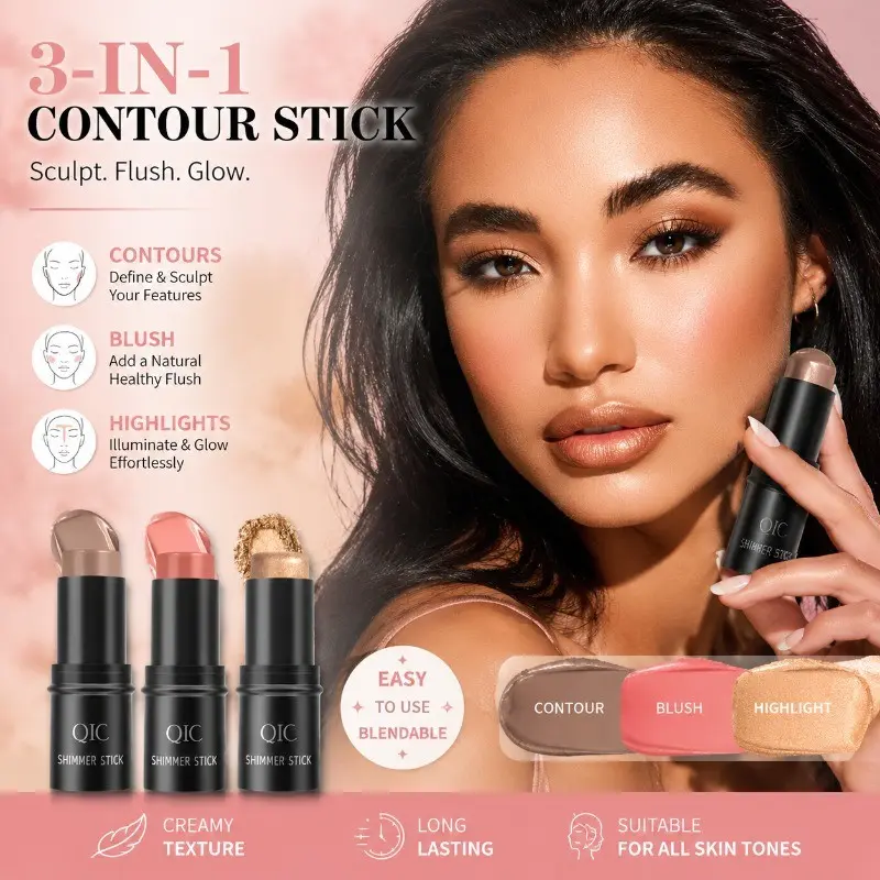 3PCS Face & Body Glowy Highlighter Stick Set, Multi-Use Cream Shimmer Makeup, Radiant Glow Illuminating Stick for Cheeks, Eyes and Body, Long Lasting Smooth Blendable Formula, Vegan & Cruelty-Free Beauty Gift for Women