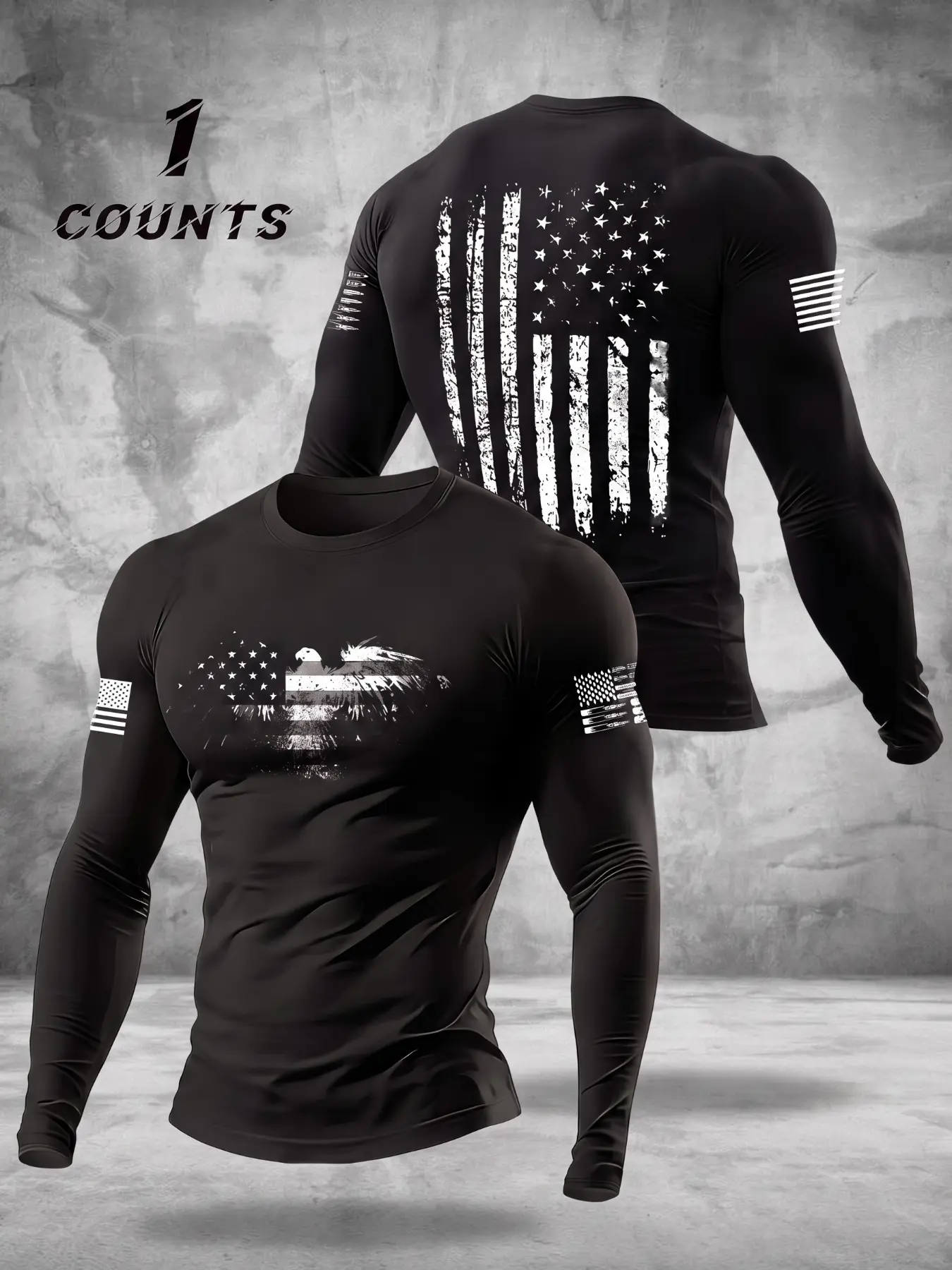Polyester Slim Fit Men Front Back Print Long Sleeve Compression T-Shirt, Vintage Distressed Eagle American Flag Patriotic Breathable Top, Tactical Casual Tee For 4th Of July Independence Day Workout Outdoor Street Daily Loungewear