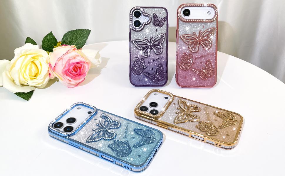 OREKROY Cute 3D Butterfly Pattern Plating Glitter Bling Case for iPhone 17 Pro Max 17 Air 17 Pro 16 15 14 13 12,Camera Protection Sparkly Slim Soft Back Cover for Women Girls