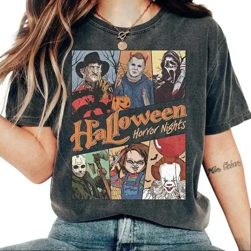 Retro Horror Characters Halloween Shirt, Horror Movie, Halloween Horror Nights 2026, Halloween Friends Group Matching, Trick or Treat Shirt