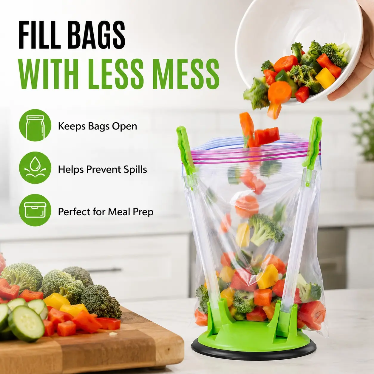 2pcs- Adjustable Food Storage Bag Holder – Hands-Free Plastic Bag Stand, Resealable Bag Filling Rack, Telescopic Freezer Bag Holder, Zip Bag Drying Stand and Kitchen Bag Organizer.
