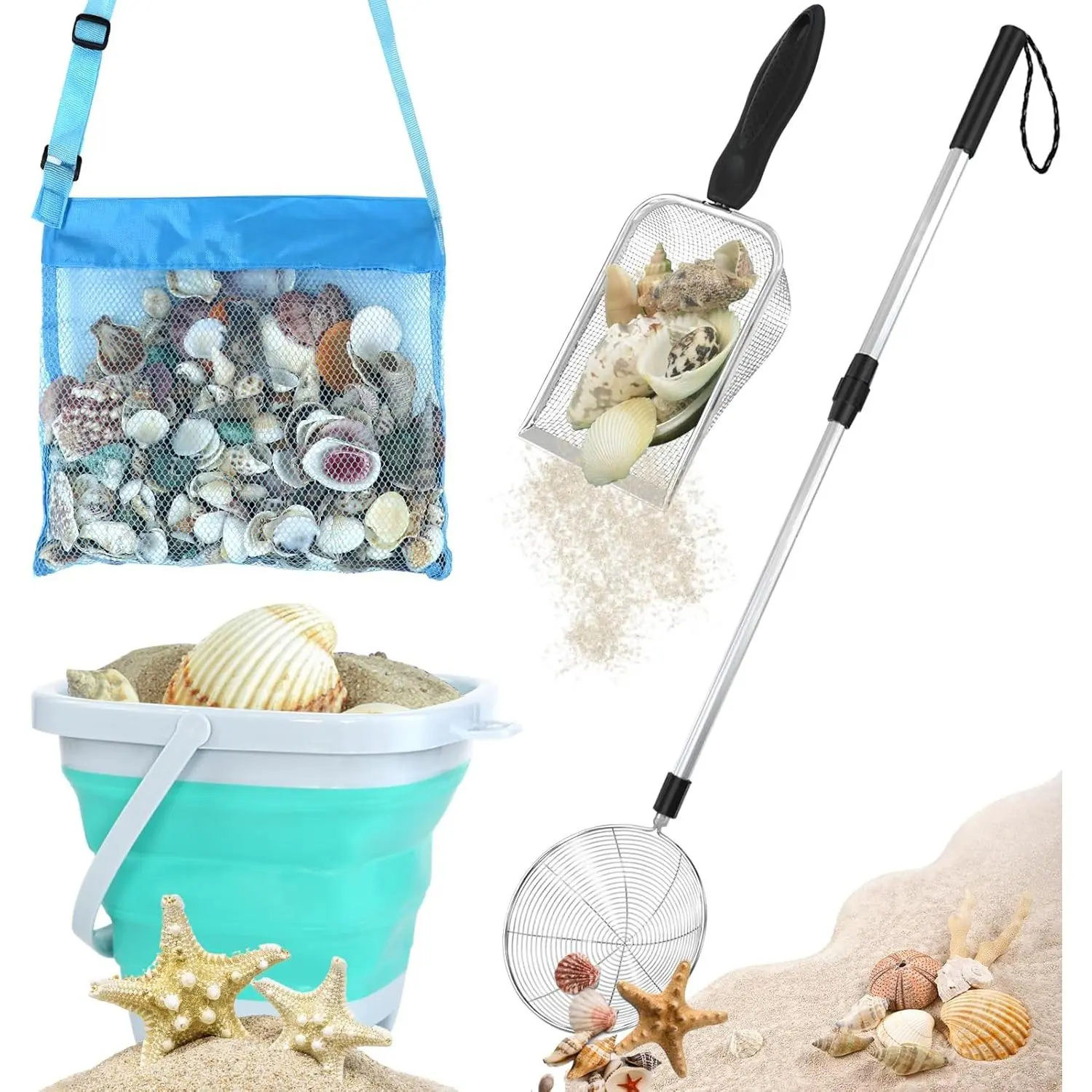 Shark Tooth Sifter, Beach Sand Sifter, Sea Shell Scooper for Beach with Shell Bags & Foldable Bucket, Sand Beach Toys for Kids 6 8 10 12, Medium, Blue